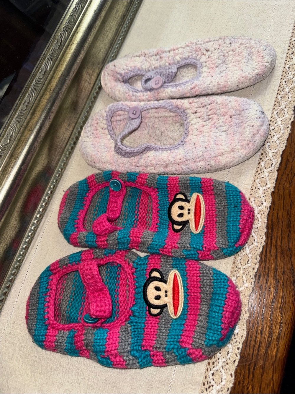 Paul Frank Pink Teal Gray Striped & Knit Pink Pastels Footsie Slipper Bundle M/L